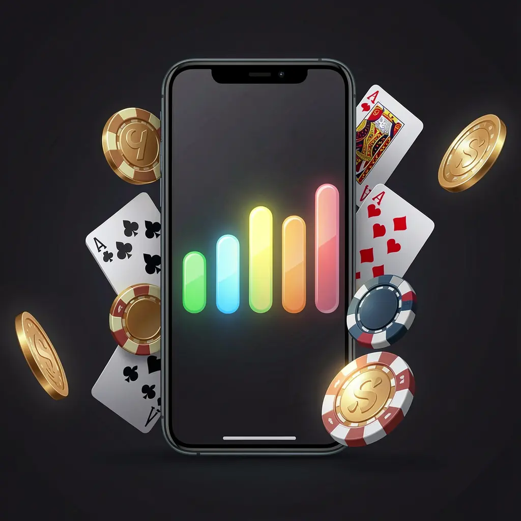 DBTWIN casino app installation visual showing a smartphone with a glowing progress bar surrounded by coins, chips, and cards on a dark background