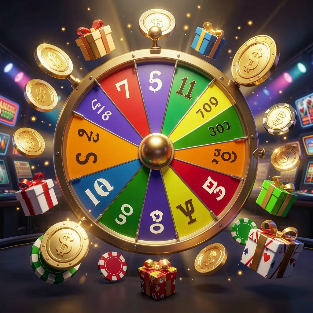 DBTWIN online casino bonus wheel with colorful prize wheel surrounded by golden coins, chips, and gift boxes, glowing casino lights creating an exciting jackpot atmosphere on a dark background