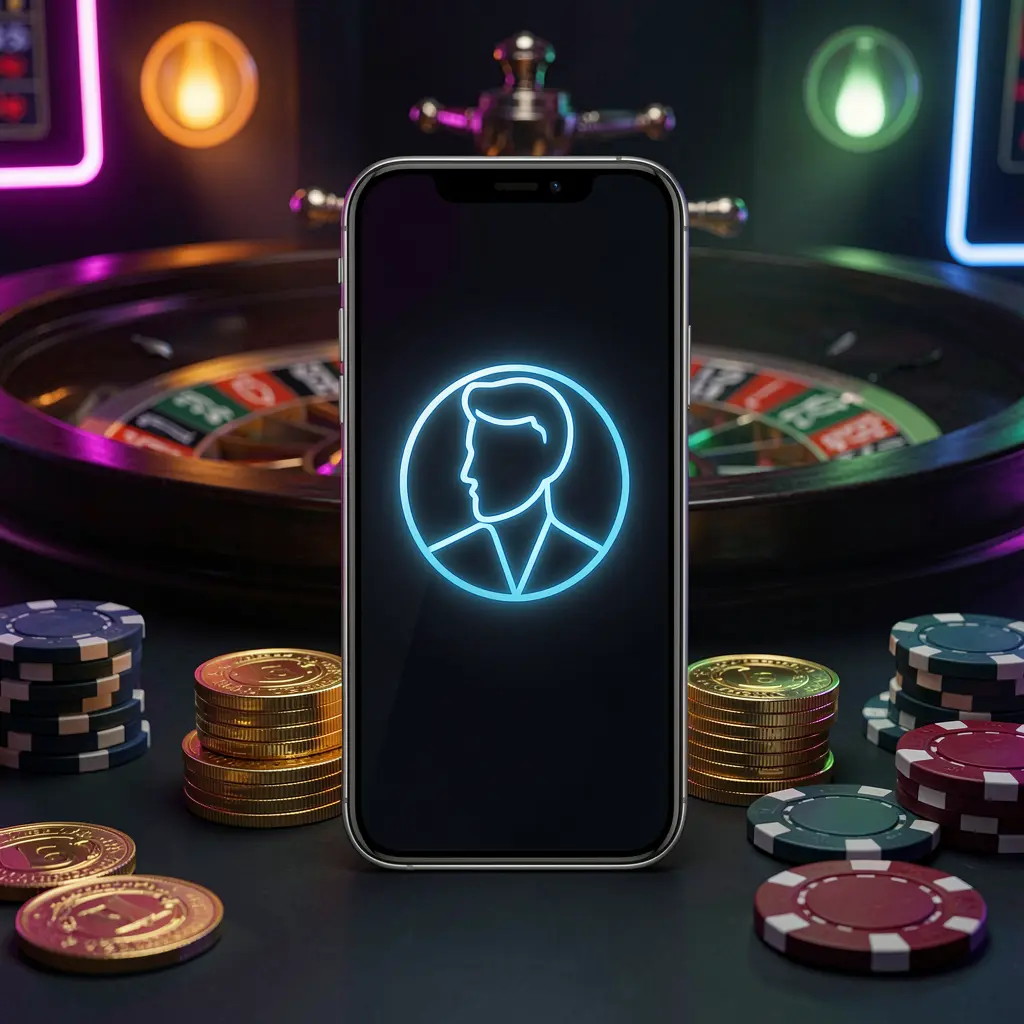 DBTWIN online casino login hero image featuring a modern phone with a glowing profile icon, roulette lights in the background, and golden coins and poker chips in a premium dark neon atmosphere