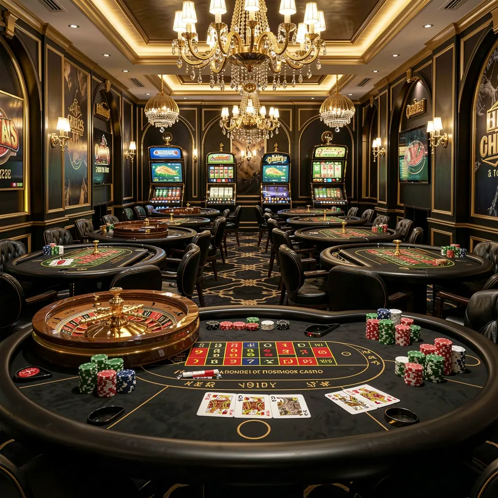 DBTWIN luxury online casino lobby with glowing roulette tables, golden lights, poker chips, and cards in a premium black and gold design